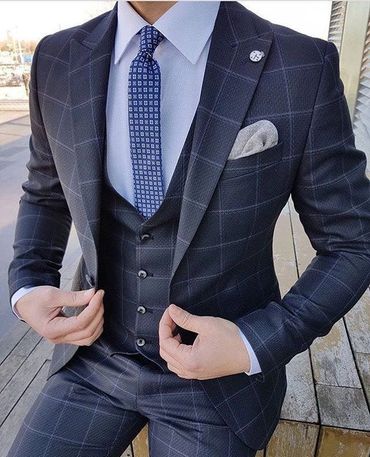 Men's Bespoke blue window Payne suit with matching vest and light blue dress shirt and hankie