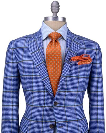 Bespoke blue check suit custom made blue dress shirt orange tie orange hankie custom tailored