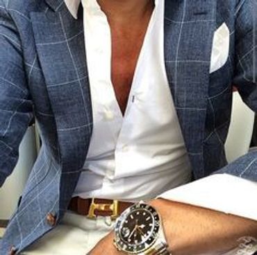 Men's Blue Window Payne sport coat with a white custom made dress shirt white hankie Hermes belt.