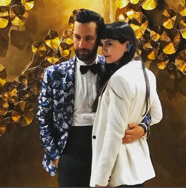 Men's floral blazer black bow tie custom made dress shirt. Woman's white blazer