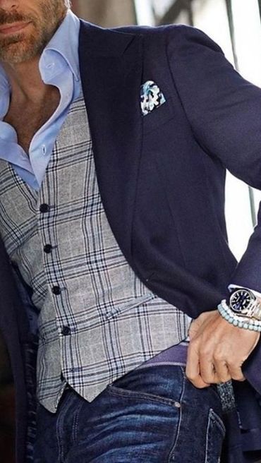 Men's blue blazer light blue dress shirt grey patterned vest custom made jeans patterned hankie