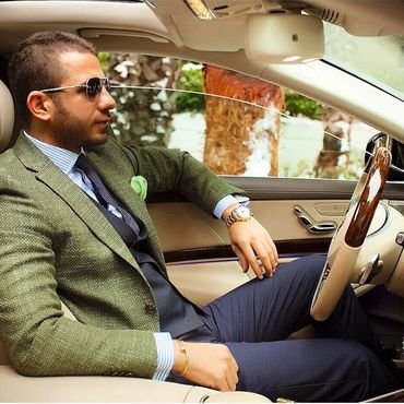 Men's green custom made sport coat with navy blue vest navy blue custom made pants custom shirt