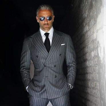 men's grey pinstripe suit double breasted with white shirt and hankie and black tie