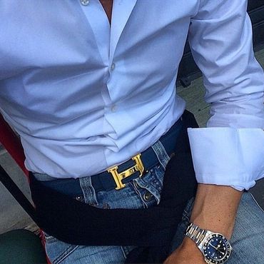 Men's light blue dress shirt custom made jeans navy blue belt Rolex watch