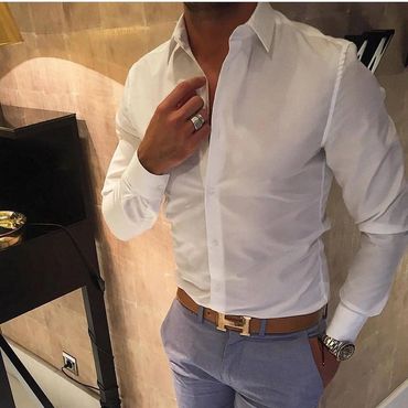 Custom made white dress shirt with light grey pants with brown belt