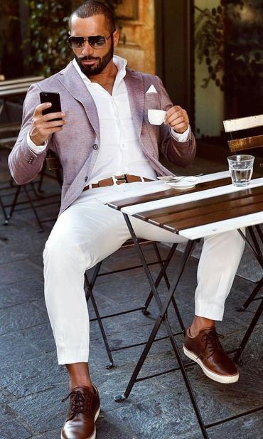 Lavender sport coat blazer white pants white shirt light brown belt white hankie custom tailored