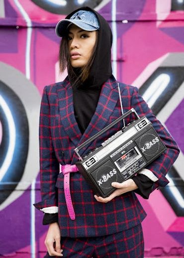 custom made suits for woman. Woman's blue window pane suit.