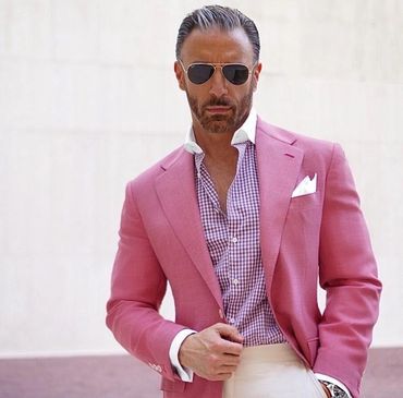 Men's pink blazer custom made check dress shirt with white collar and light tan custom made pants