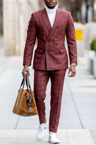 Men's custom made suit double breasted window pane white turtleneck brown leather bag
