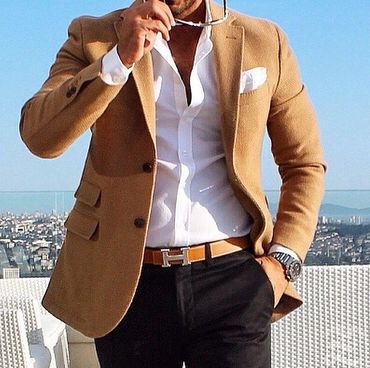 Camel hair sport coat brown belt black pants white dress shirts