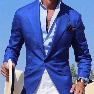Men's French blue blazer light blue dress shirt white jeans navy blue hankie