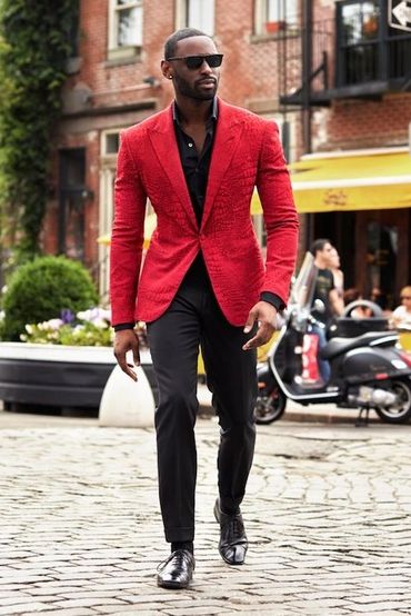 Men's red blazer sport coat black shirt black pants black dress shoes