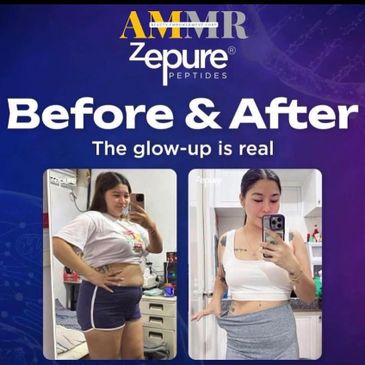 Before and after photos showing a woman's weight loss and glow-up transformation.