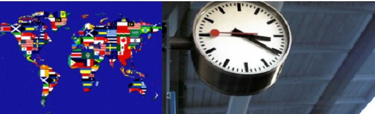 A world map with country flags and a close-up of a large round clock showing 3:16.