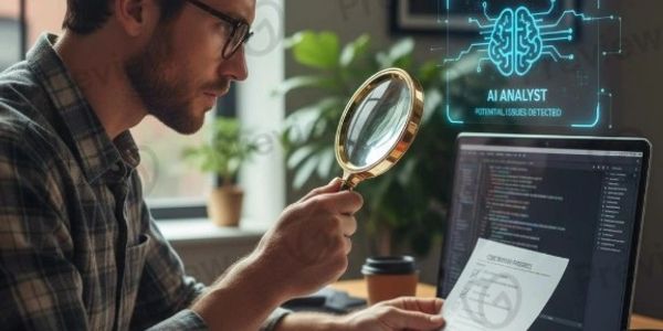 A man uses a magnifying glass to inspect a document with AI analysis on his laptop screen.