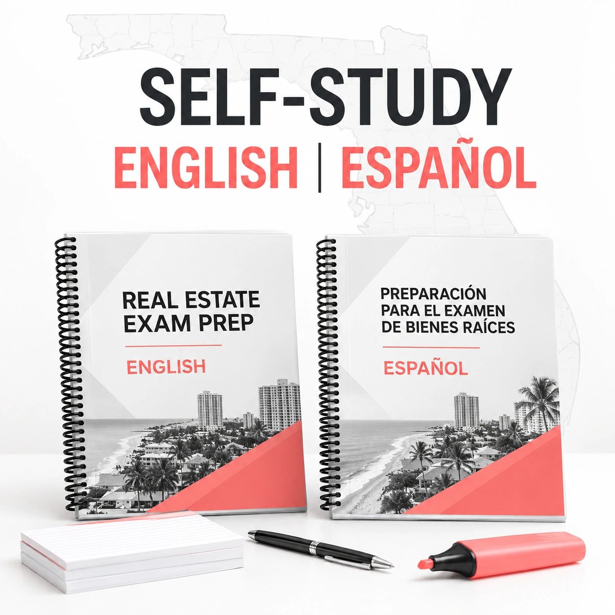 English and Spanish Florida real estate exam self-study packages with practice materials and notes.