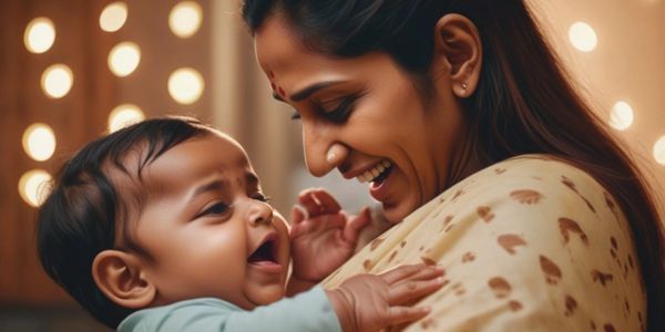 A joyful mother smiling at her happy baby in a warm, softly lit setting.