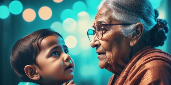 An elderly woman lovingly gazes at a young child in a warm, softly lit setting.