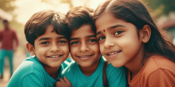 Three smiling children closely posing outdoors.