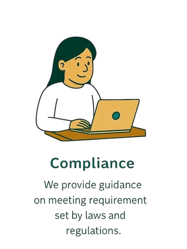 Illustration of a person working on a laptop with compliance guidance text.