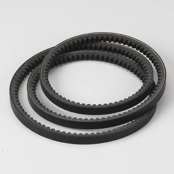 Three black toothed timing belts arranged in a circular pattern.