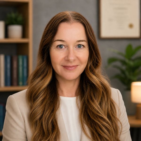 Professional woman with long wavy hair smiling in an office setting.