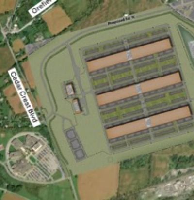 Aerial map showing a large building complex with nearby roads.