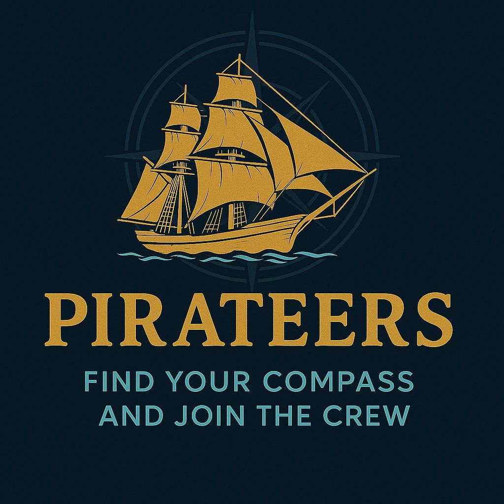 Golden pirate ship with compass and motivational text.