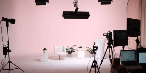 studio with pink back wall and lighting