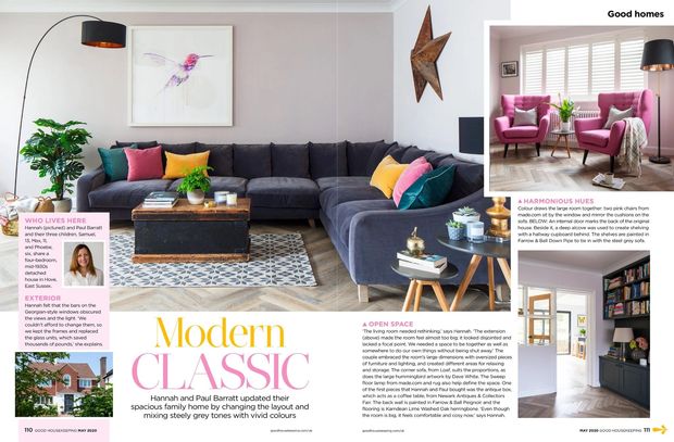 Good Housekeeping magazine, May 2020, pop of colour, velvet sofa, pink chairs, navy kitchen, yellow