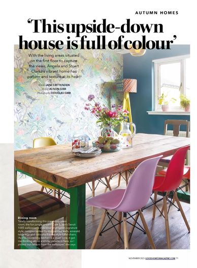 Jungle wallpaper, colourful house, decor, Jane Crittenden writer, Good Homes, @the_upside_down-house