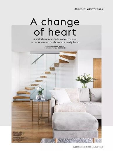 Grand Designs magazine, August 2021, self-build, waterfront house, grey kitchen, contemporary decor