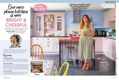 Home Style magazine, August 2021, kitchen makeover, pink kitchen, blue walls, @heatherscolourfulhome