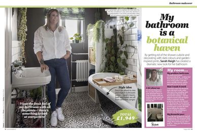 HomeStyle magazine, August 2020, bathroom makeover, botanicals, dark interiors, pattern floor, tiles