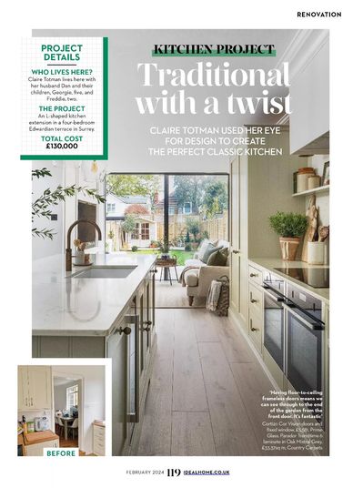 Terrace house kitchen, interiors journalist, side extension, Claire Totman Designs, classic kitchen
