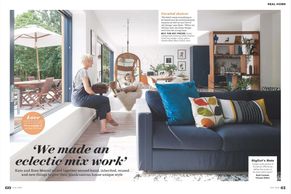 Ideal Home magazine, July 2019, self-build, bold interiors, reclaimed, recycle furniture, blue schem