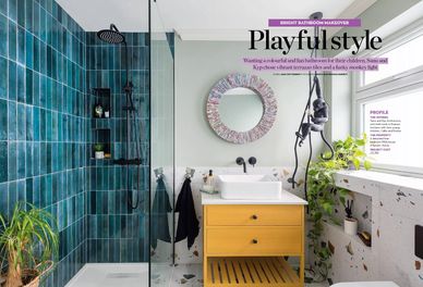 Bathroom makeover, terrazzo tiles, teal shower tile, monkey light, Simply Bathrooms, Jane Crittenden