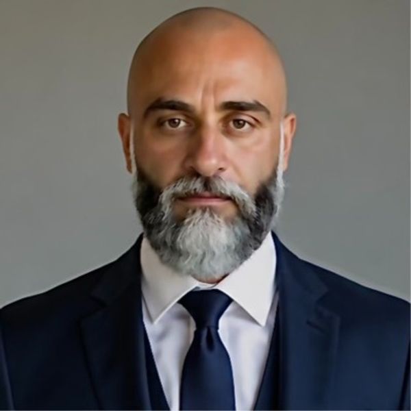 Bald man with a gray beard in a navy suit and tie against a gray background.
