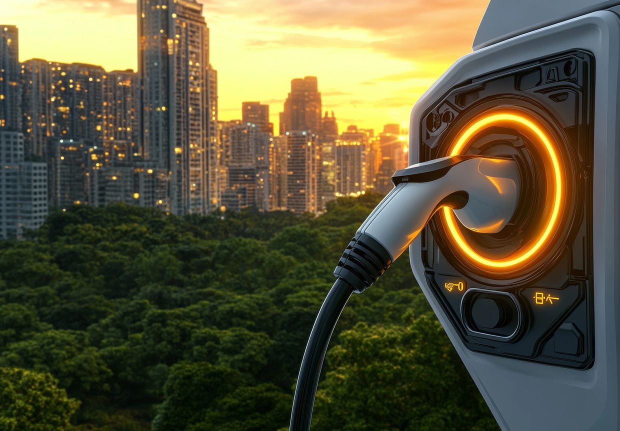 Electric vehicle charging station glowing at sunset with cityscape and forest background.