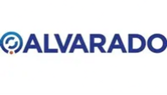 Logotipo Alvarado de equipos de control de acceso fondo blanco y letras azules y un ícono