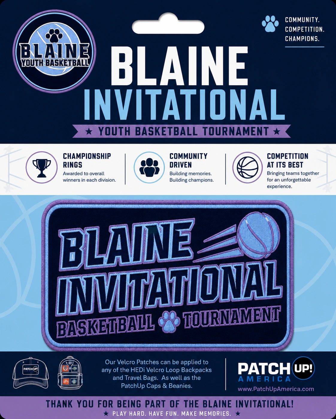 Patch for Blaine Invitational Youth Basketball Tournament with features and benefits.