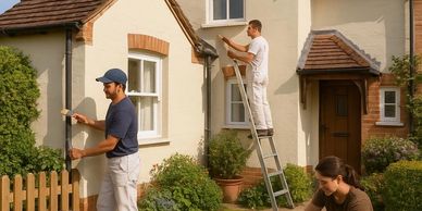 Four people doing home maintenance and gardening outside a house.