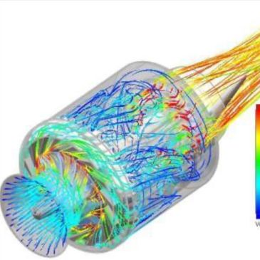 3D fluid dynamics simulation showing velocity flow in a turbine-like device.