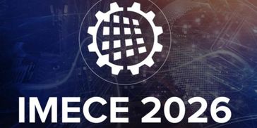 Logo of IMECE 2026 with a gear and grid design on a digital background.
