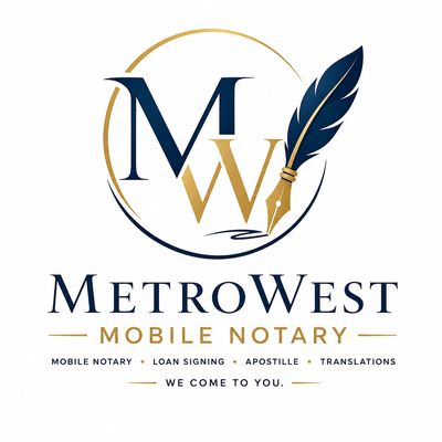 MetroWest Mobile Notary logo with quill pen design.