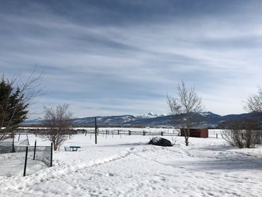 Snow-covered rural landscape with mountains in the distance under a cloudy sky.