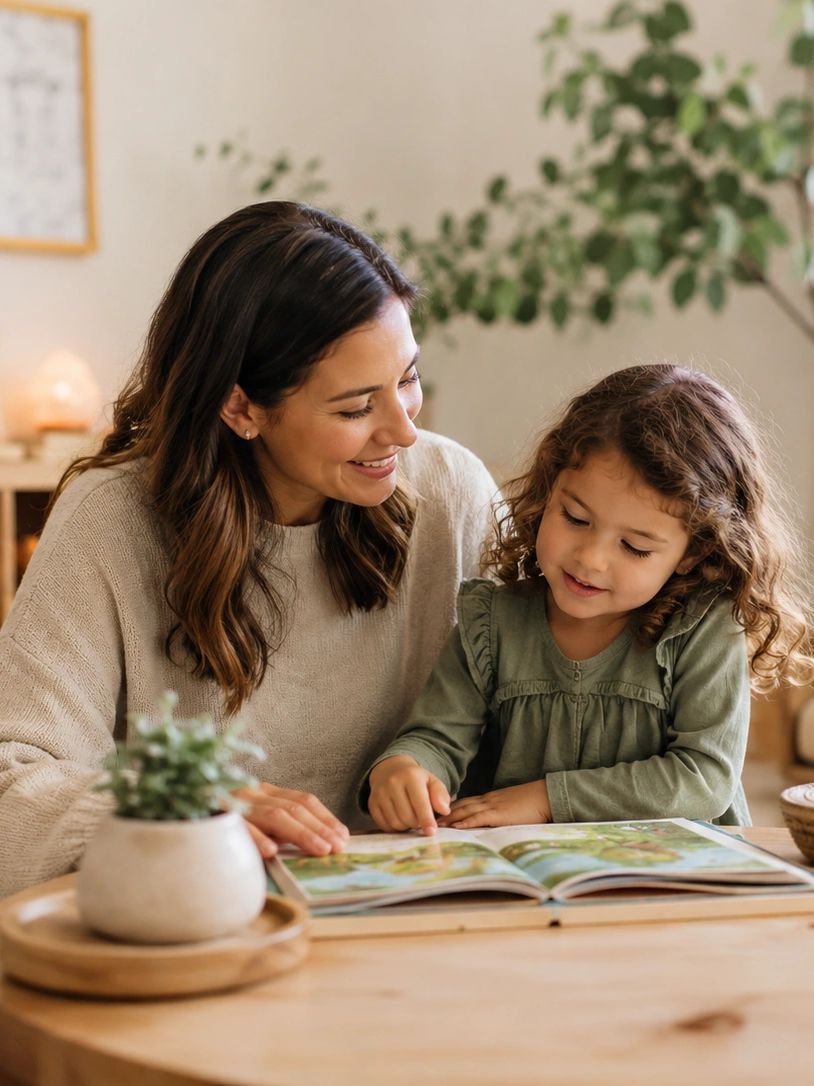 Mother and daughter reading a book together.