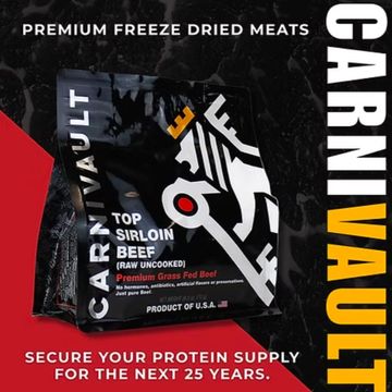 Package of Carnivault top sirloin beef freeze dried meat.
