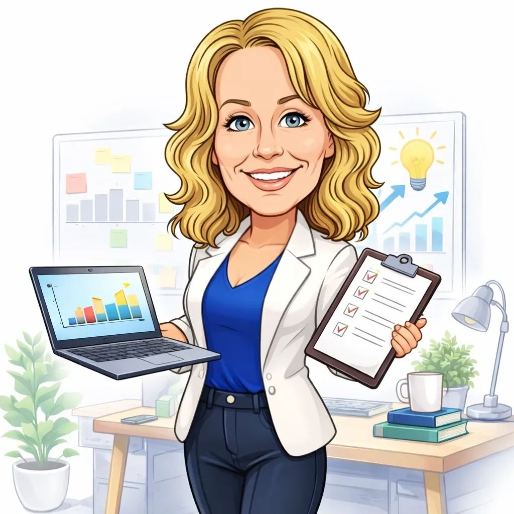 Caricature of a confident woman holding a laptop and checklist in an office setting.