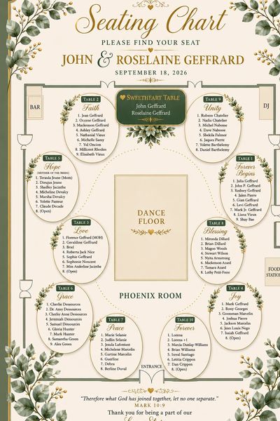 Wedding seating chart for John and Roselaine Geffrard on September 18, 2026.